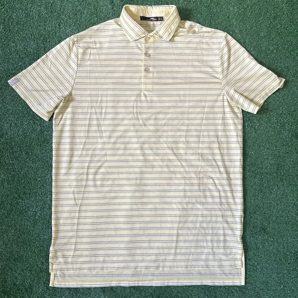 RLX Ralph Lauren Athletic Polo Shirt Men’s Large Yellow Blue Striped Stretch Fit